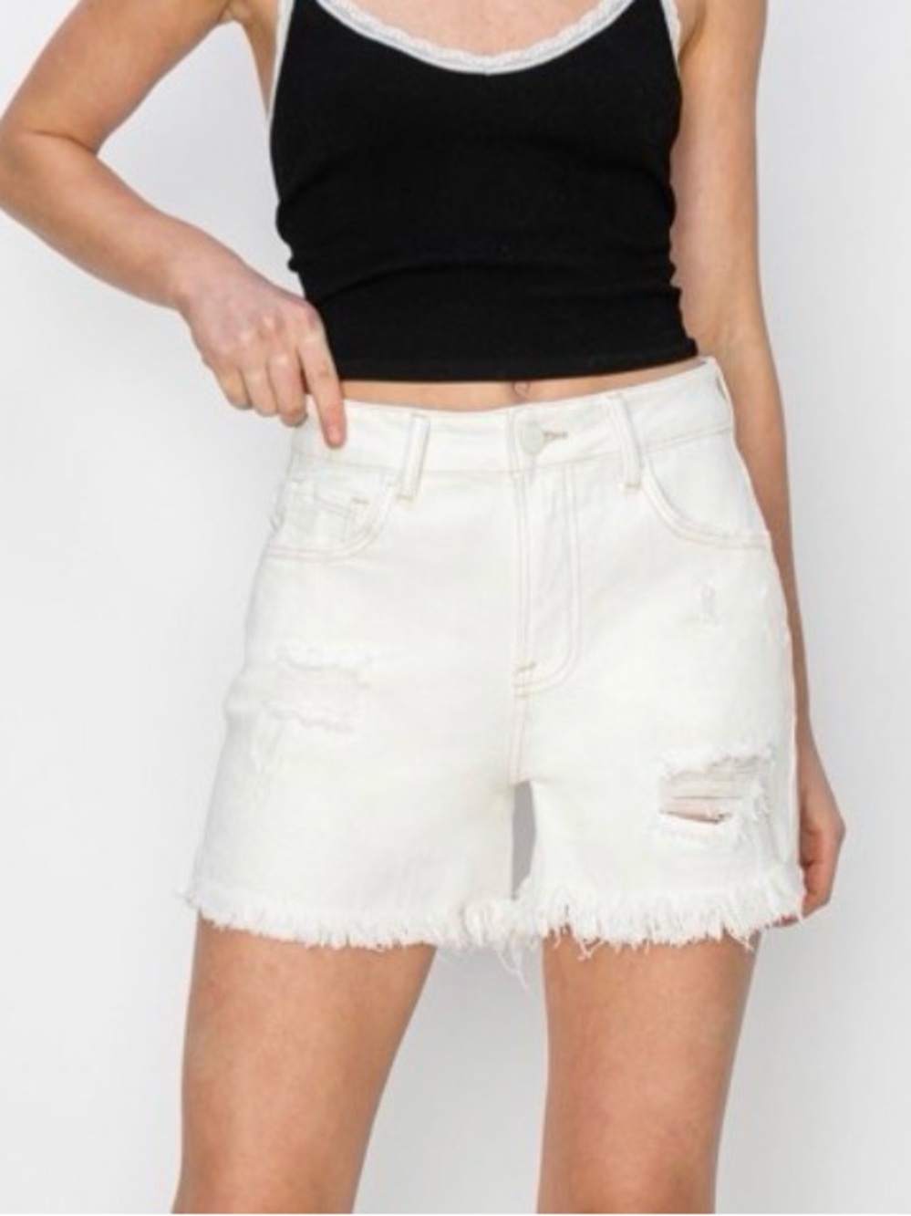 Risen High-Rise White Distressed Denim Jean Shorts